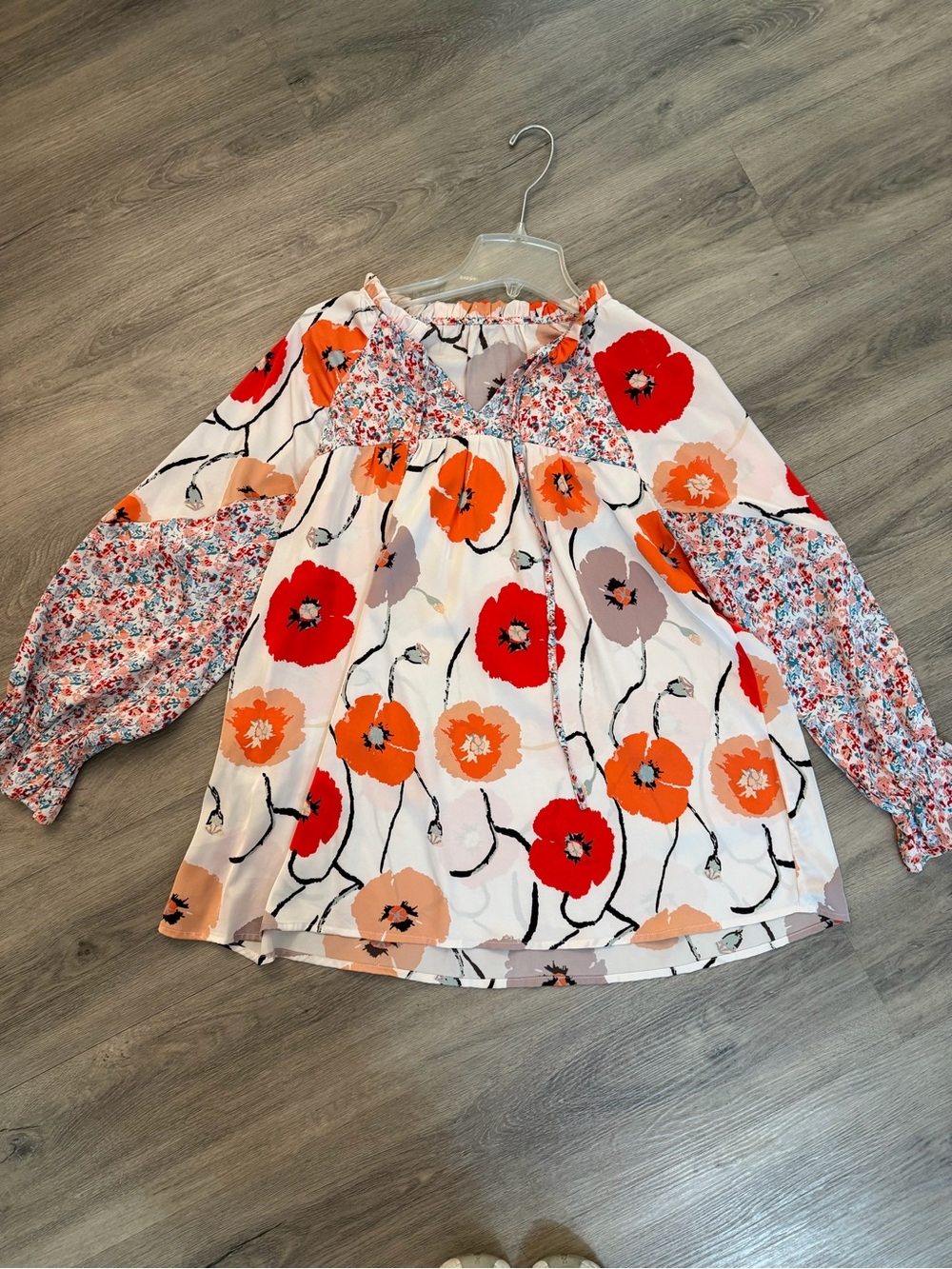 Floral Peasant Blouse in White with Red & Orange Blooms